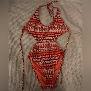 Aerie Orange Red Pattern Cut Out One Piece Bathing Suit Size Small Petite